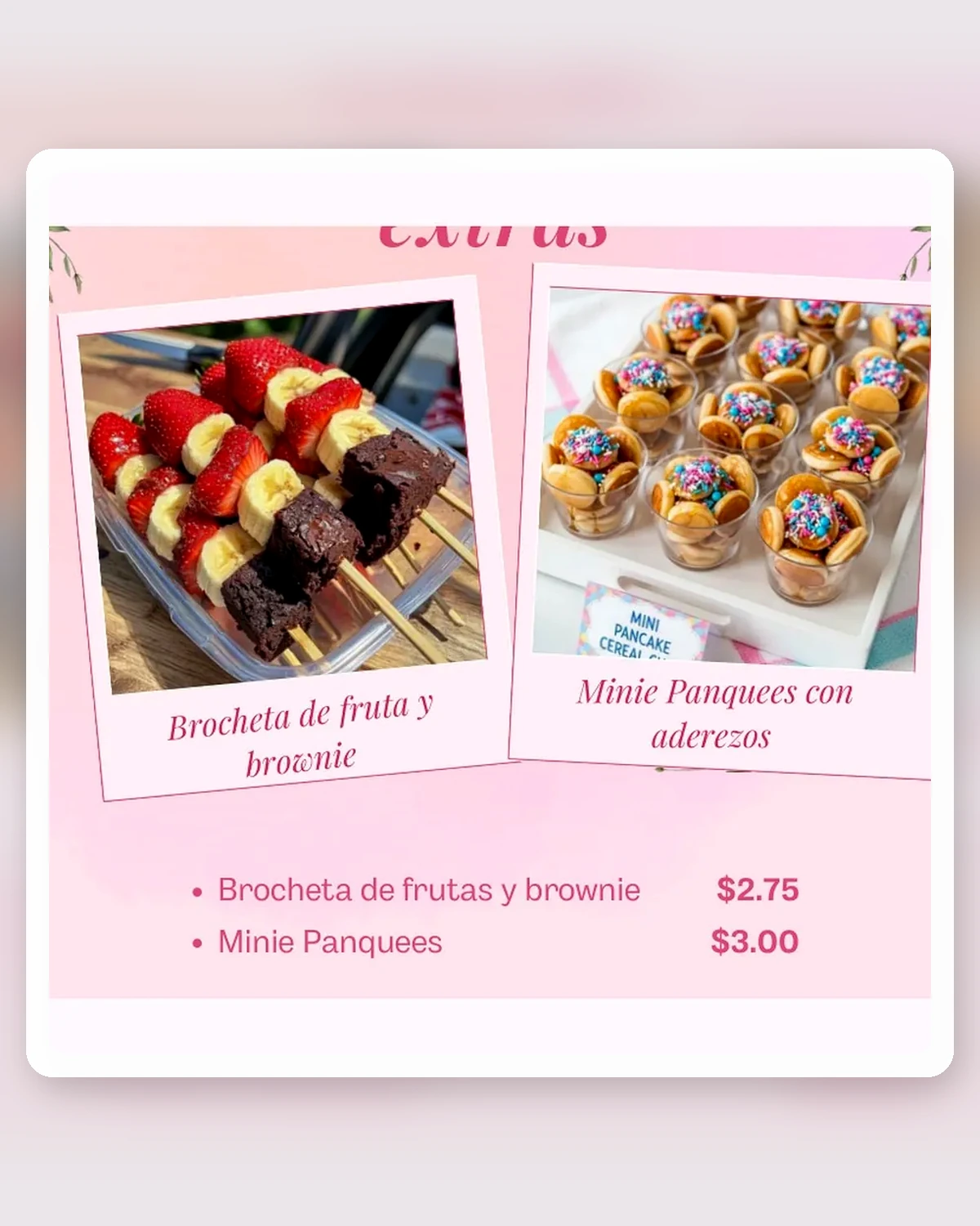 Brocheta de fruta y brownie